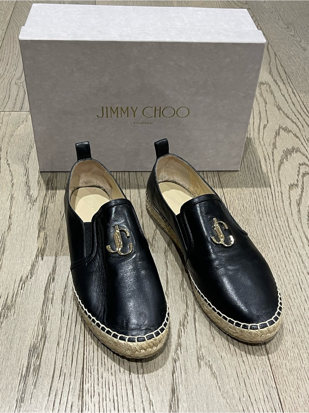 Jimmy Choo Womens Black Leather Gold JC Logo Espadrille Lichi Slip-Ons Size 39.5